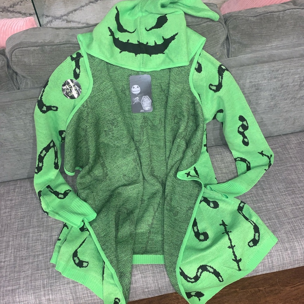 New Nightmare Before Christmas Sweater Womens Medium Oogie Boogie Cardigan Green
